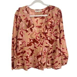 Roberta Roller Rabbit Brown Taupe Block Print Ruffle Long Sleeve Blouse Top NWOT